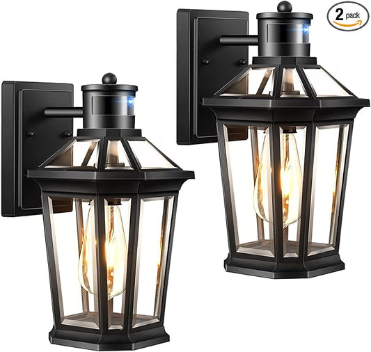 VIANIS Black 2 Pack Outdoor Lights for House, Dusk to Dawn Porch Light Lantern, Exterior Lighting for House Wall Mount, Motion Sensor Light Outside for Garage, Brightness Distance Adjustable