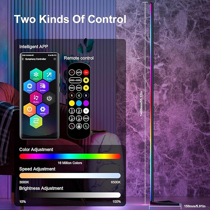 MIHEAL 2PCS Black Corner Floor Lamp, Synced Lights LED Control Floor Lamp RGB Light 56" Smart LED Corner Lamp App and Remote for Living Room Gaming Bedroom and Etc
