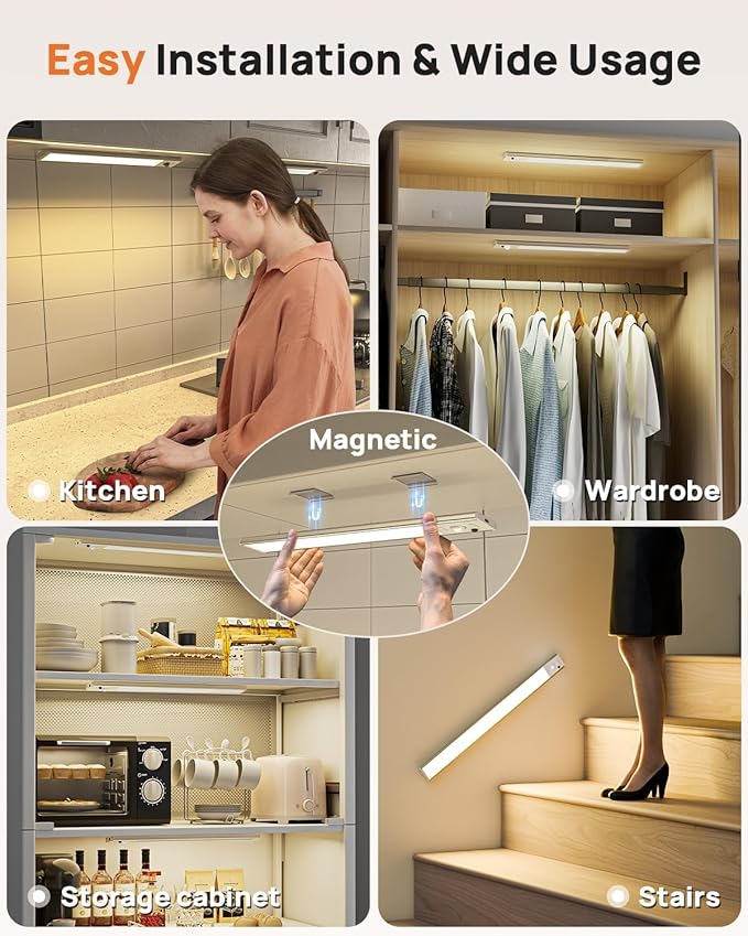 16in Under Cabinet Lighting with Remote Control,160 LED Motion Sensor Light Indoor,4000mAh USB Rechargeable Closet Lights,3 Color Temps Wireless Under Counter Lights for Kitchen,Pantry, Stair, 3 Pack