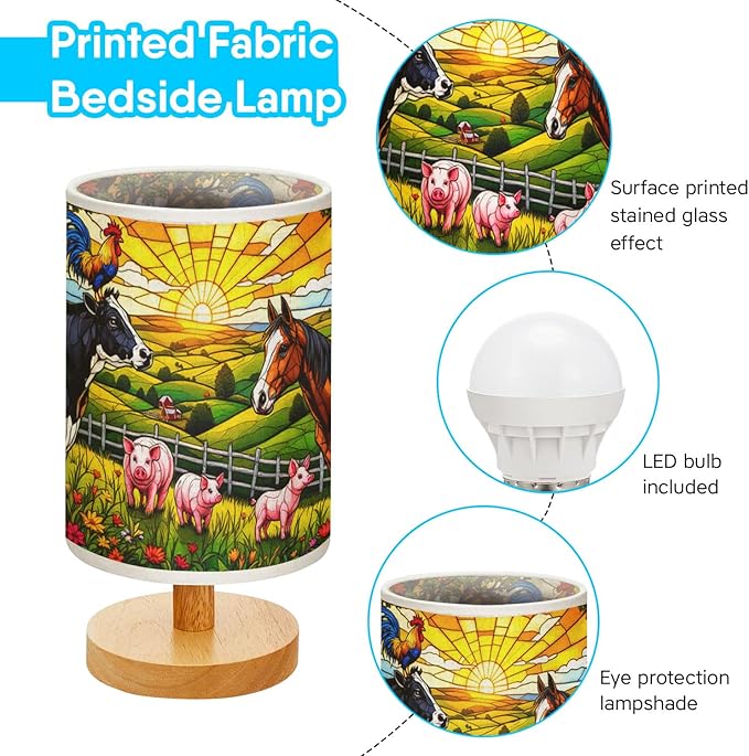 Farm Animals Table Lamp LED 3-Color Pressed Bedside, Farm Animals Shade Lamp with Wood Base for Bedroom Living Room Desk Office TL01