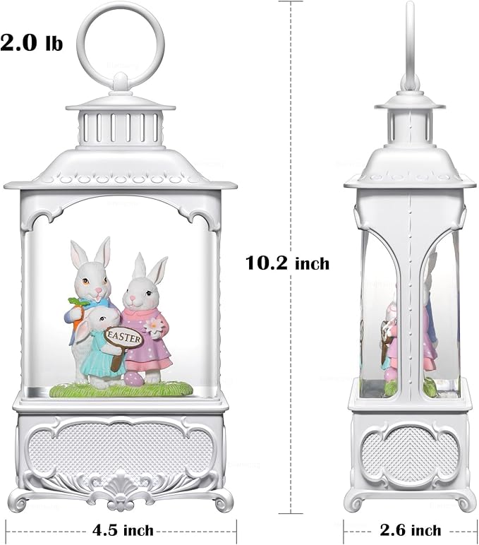 Easter Snow Globe Bunny Snow Globe Lantern with Timer, USB and Battery Powered Easter Decorations for Home Bunny Family 10.2 inch