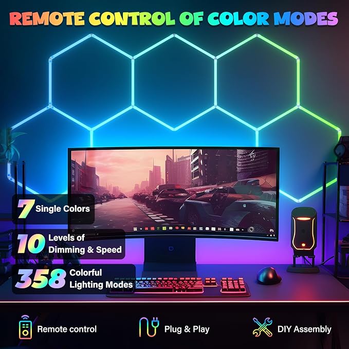ALLYES Hexagon RGB LED Lights - Color Changing Wall/Ceiling Lights with Music Sync Dimmable & Speed Adjustable Modes, App & Remote Control, Multi-Scene Decor for Gaming Room, Bar, Party, Gym, Garage