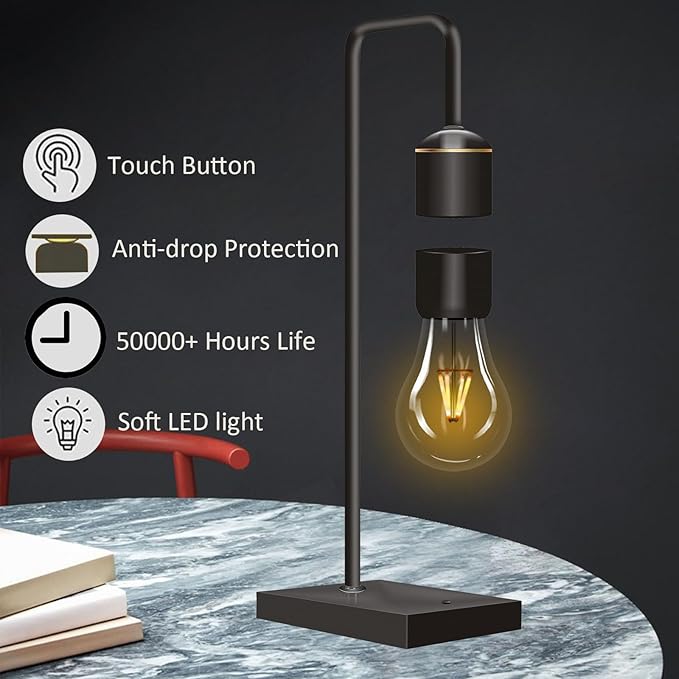 Magnetic Levitating Light Bulb Levitation Plastic Black Table Lamps Zero-Gravity Warm White LED Night Light Floating Lamp for Bedrooms Decoration Office Desk Toys Cool Festival Gifts