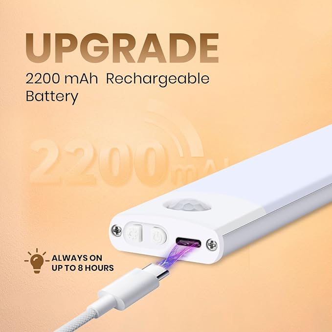 16 Inch Under Cabinet Lighting, 2 Pack 80 LED Motion Sensor Lights, 160LM USB-C Rechargeable, 2200mAh Battery, 10–100% Dimmable, 3 Color Modes, Stick-On Magnetic LED Closet Lights for Kitchen