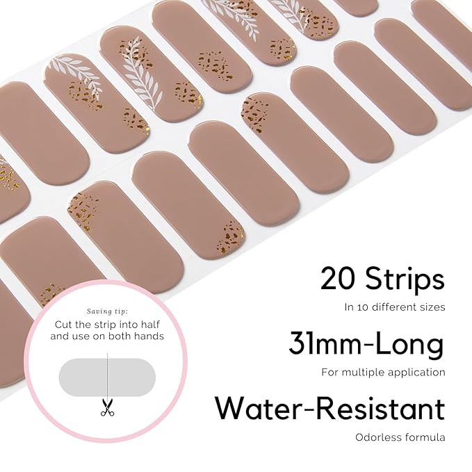 Semi Cured Gel Nail Strips - NAILOG 20 Pcs Brown Leaves Nail Stickers Extra Long Wraps with Glossy Gel Finishing for Autumn Winter, Caramel