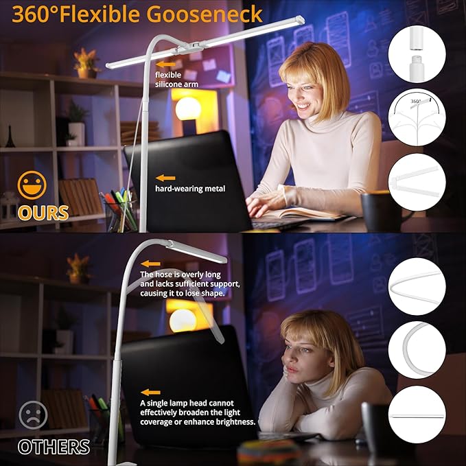 Desk Lamp with Clamp, with 5V 2A Adapter, LED Desk Lamp with Dual Head, 50 Light Modes, Computer Monitor Flexible Neck Lamp, Eye Protection Desk Lamps for Study, Office, Crafts, Draw(White)