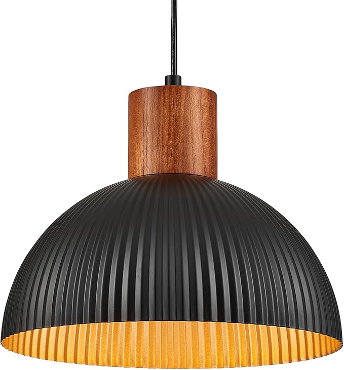 ELYONA 12" Ash Wood Dome Pendant Light Hanging Lamp with Black Metal Shade & Gold Inner Finish, Modern Pendant Light Fixtures for Farmhouse Kitchen Island Dining Room Bedroom Living Room Hallway