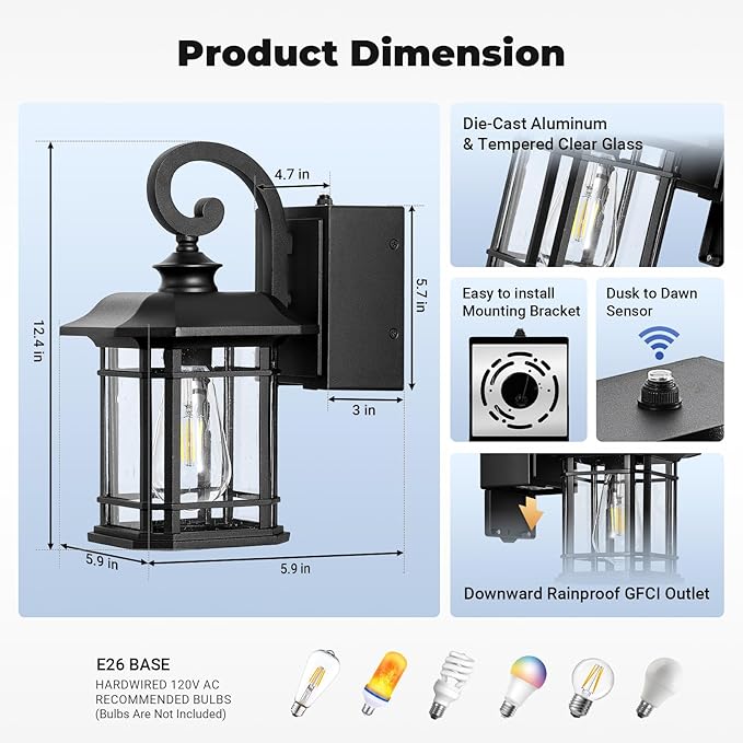 Black Dusk to Dawn Porch Light with GFCI Outlet, Anti-Rust Exterior Lights for House, Waterproof Outdoor Light Fixture with Outlet, Front Porch Light for Doorway, Yard, Patio, 100% Aluminum