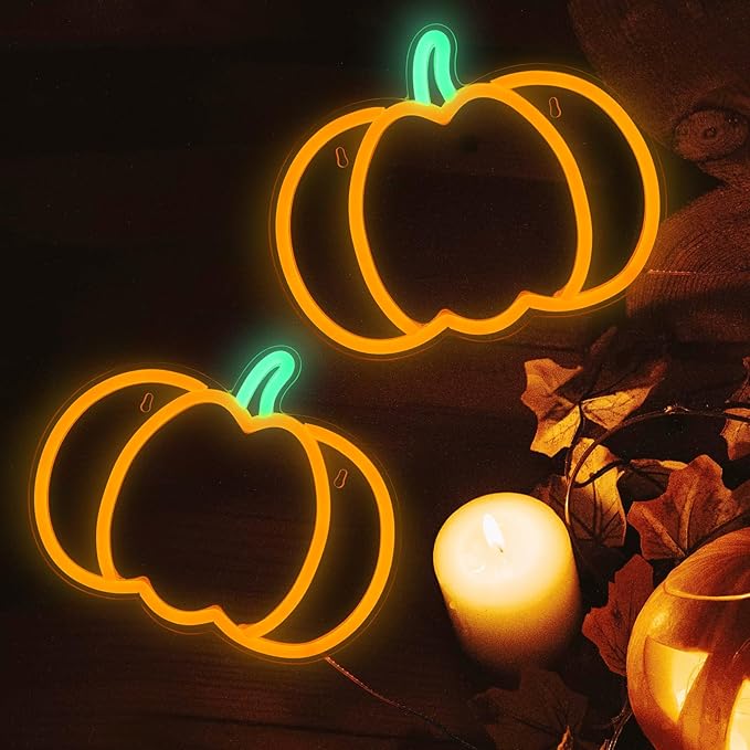 MissAudrey 2Pcs Halloween Orange Pumpkin Neon Sign Lights, Neon Sign Hanging for Wall Decor, Cute Vintage Fall Thanksgiving Decor for Table Kitchen Bedroom Living Room Bar Pub Club Party, Indoor Battery Operated or USB