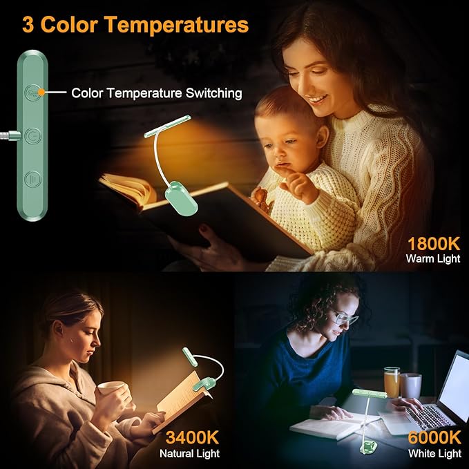 Gritin Rechargeable Book Light for Reading in Bed with 19 LED &Memory Function-Eye Caring 3 Color Temperatures,5 Brightness Levels,90 Hrs Runtime Flexible Goose Neck Clip on Light-Cyan
