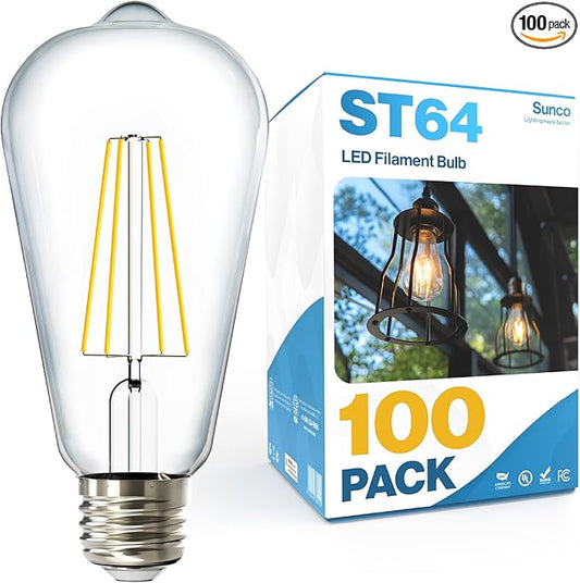 Sunco 100 Pack Edison Bulbs LED ST64, Clear Vintage Filament Waterproof Bulb, 800 LM, 8W (60W Equivalent), ST19, 4000K Cool White, E26 Medium Base, Decorative Dimmable UL