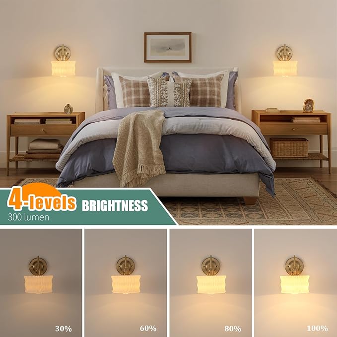 Battery Operated Wall Sconce, Vintage Rechargeable Wall Lights with White Ripple Glass Shade, Wireless Indoor Wall Lamp for Bedroom Living Room Bathroom Hallway
