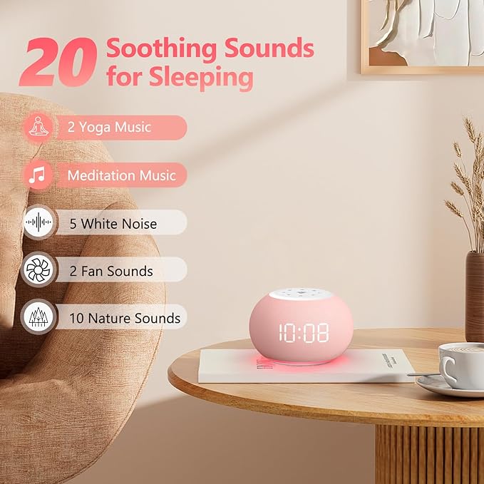 Reacher Auto Dimmable Sound Machine Alarm Clock with Night Lights, 20 Soothing Sounds, Sleep Timer, Precise Volume Control, Cute White Noise Soother for Girls, Kids, Bedrooms, Office