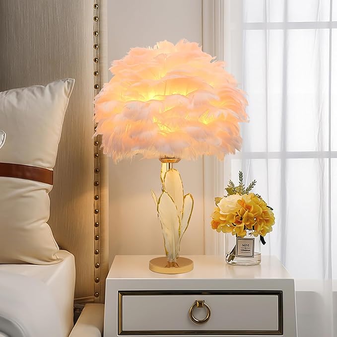 Pink Feather Lamp Goose Furry Table Lamp Princess Modern Fluffy Desk Lamp Simple Wedding Decor Romantic Bedside Night Light for Girl Bedroom Living Room Hotel