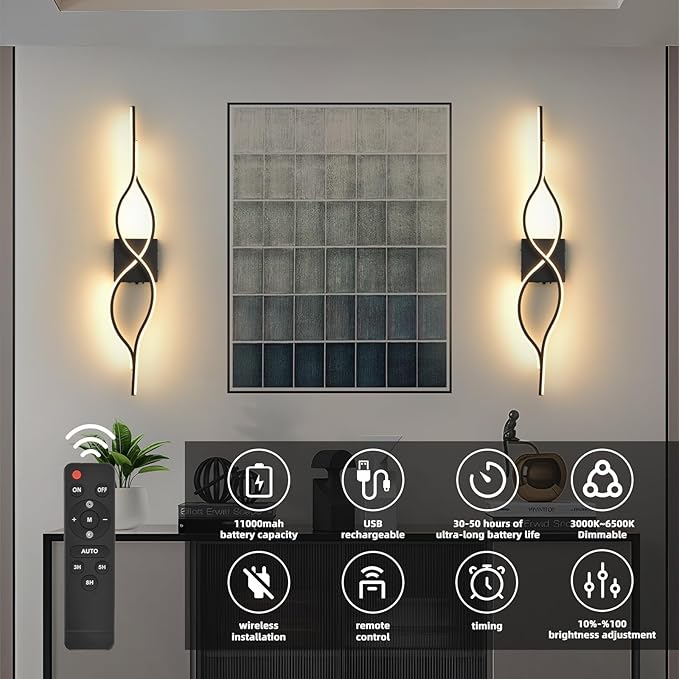 Battery Operated Wall Sconces Set of 2, Black 31.4'' LED Dimmable Wall Sconce with Remote Control, Adjustable Color Temperature Brightness for Living Room Bedroom and Hallway USB Rechargeable Lighting