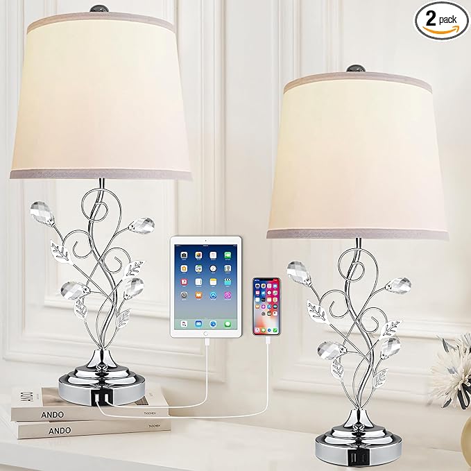 24.5in Modern Table Lamps - Set of 2, Silver with 2 USB Charging Ports, White Bedside Lamps for Nightstand, Unique Vine Leaf Design for End Table Reading
