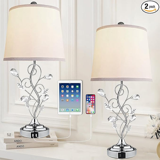 24.5in Modern Table Lamps - Set of 2, Silver with 2 USB Charging Ports, White Bedside Lamps for Nightstand, Unique Vine Leaf Design for End Table Reading