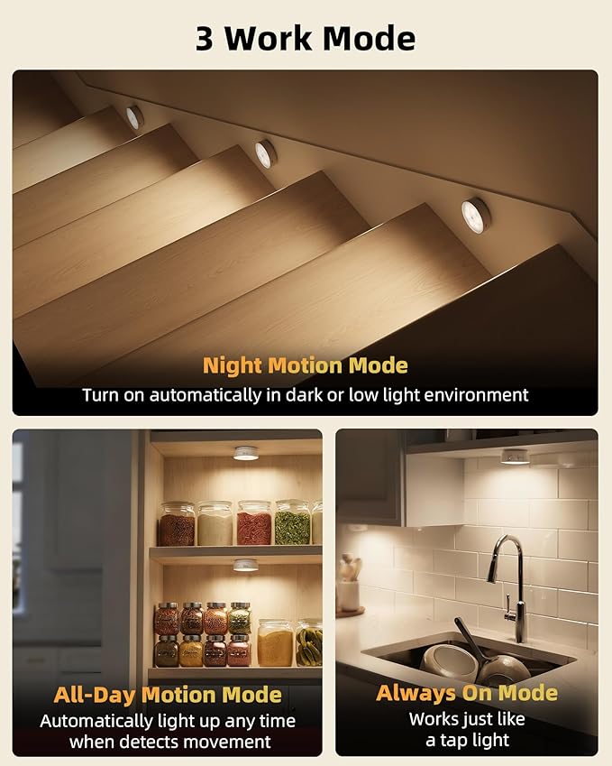 EZVALO 4 Pack Motion Sensor Closet Lights, 1200mAh USB-C Rechargeable LED Puck Lights, Under Cabinet Lights, Night Lights, Dimmable, 3 Color Temps, Magnetic, Stick on for Closet, Stairs, Cabinets