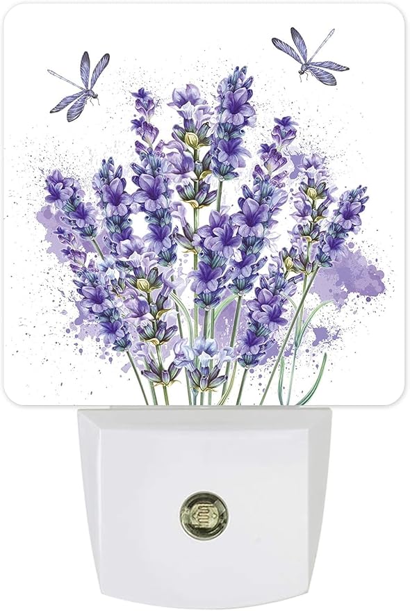 Purple Lavender Plug-in LED Night Light,Purple Dragonfly Nature Angel Auto Dusk to Dawn Sensor Nightlights Plug into Wall,White Energy Efficient Night light for Bedroom,Bathroom,Kitchen,Stairs,Hallway