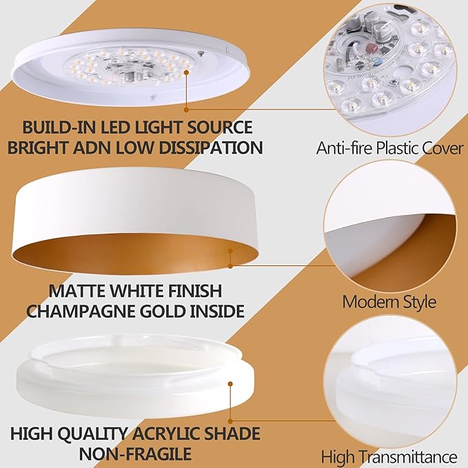 Bargeni LED Ceiling Light Fixture,12.5 inch Flush Mount Light Fixture,Matte White with Gold Inside,Dimmable 3000K/Warm White/18W(100w Equiv.),Outdoor Lighting Fixtures Ceiling for Bedroom and Hallway