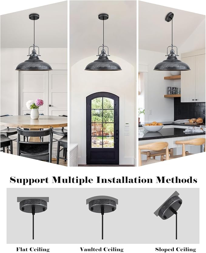 16 Inch Farmhouse Pendant Lights, Black and Silver Pendant Light Kitchen Island, Large Industrial Pendant Lights, Vintage Farmhouse Pendant Light for Kitchen Island, Dining Room (2 Pack)