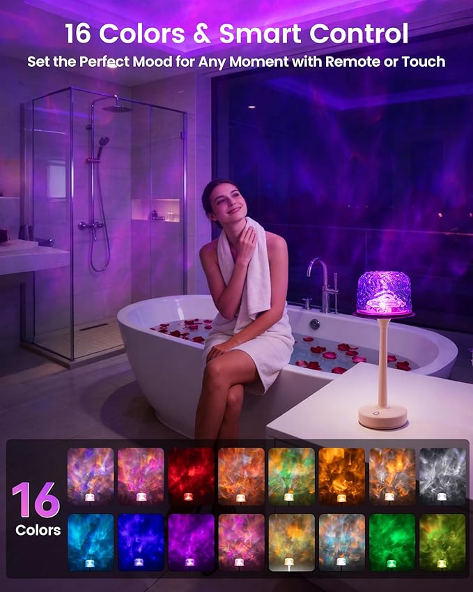 Waterproof Shower Lamp with Ocean Wave Projector for Bathroom, Cordless Rechargeable Bath Light with 16 Color Changing,Table Lamp with Soft 360˚Glow for Bathtub, Night Shower & Relaxing Dating