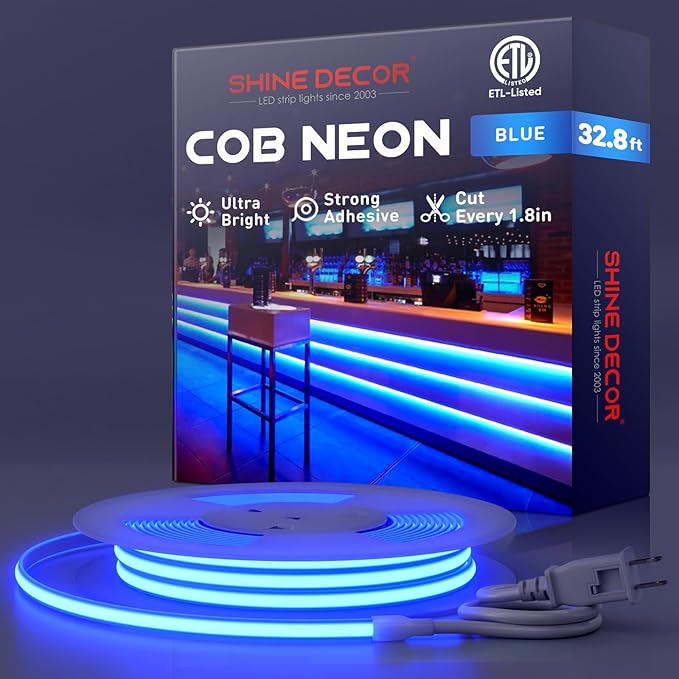 Shine Decor COB LED Rope Light AC 120V, 800lm Ultra Bright, IP65 Waterproof Cold-Resistant ETL Neon Strip, No Driver Tape Lighting for Home Commercial 10x4.5mm, Blue, 32.8ft