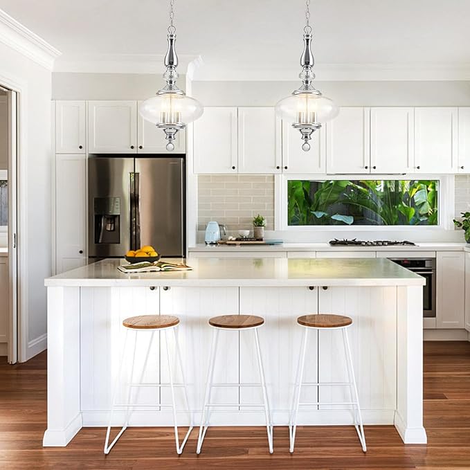 Modern Kitchen Island Pendant Light Polished Chrome Glass Pendant Light for Kitchens, Dining Rooms Stairs W 11.8 in. H 23.6 in.