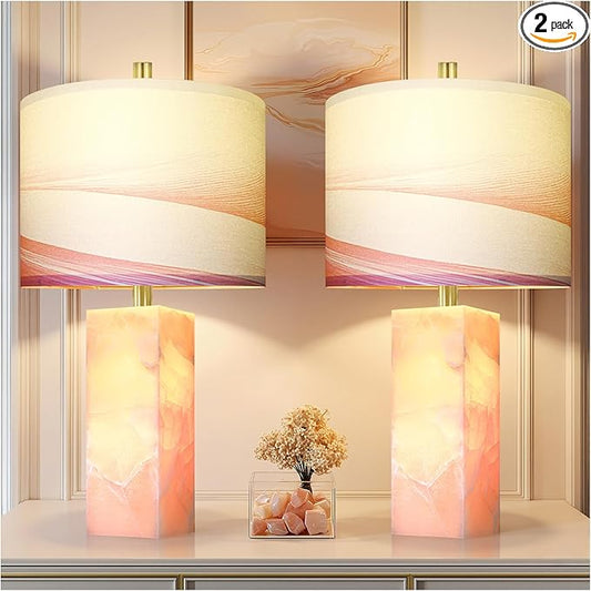 Scenekoy 23" Alabaster Table Lamp Set of 2 with Night Light for Bedroom Living Room, Rotary Switch, Pink Modern Table Lamp with Linen Shade, Nightstand Lamps for Room Bedside Office (Bulb Included)