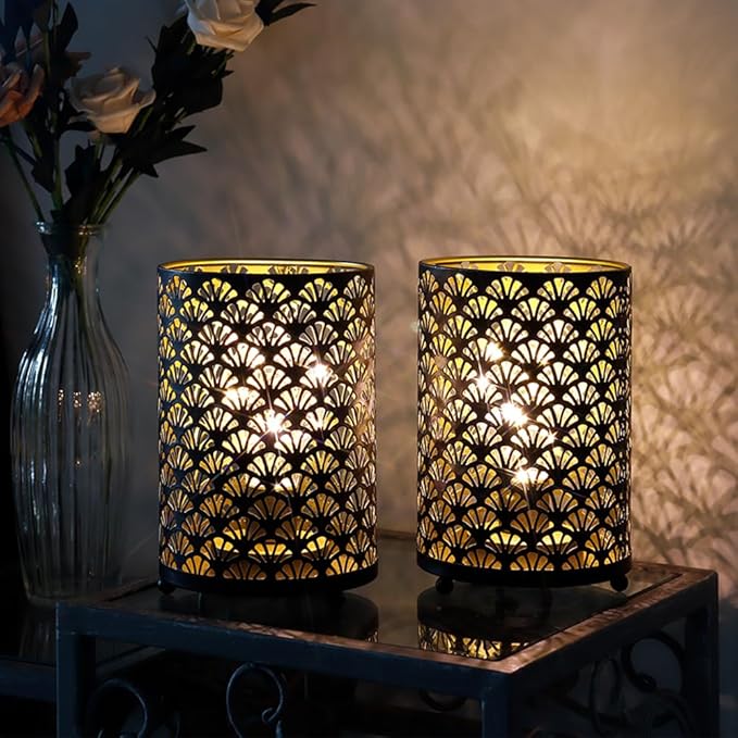 TRIROCKS Set of 12 Table Lamp 6.5'' Tall Metal Cordless Table Lamp Bronze Lanterns with Warm Fairy Lights Bulb for Patio Garden Wedding Parties Indoor Outdoor(Scalloped Hollow Pattern)