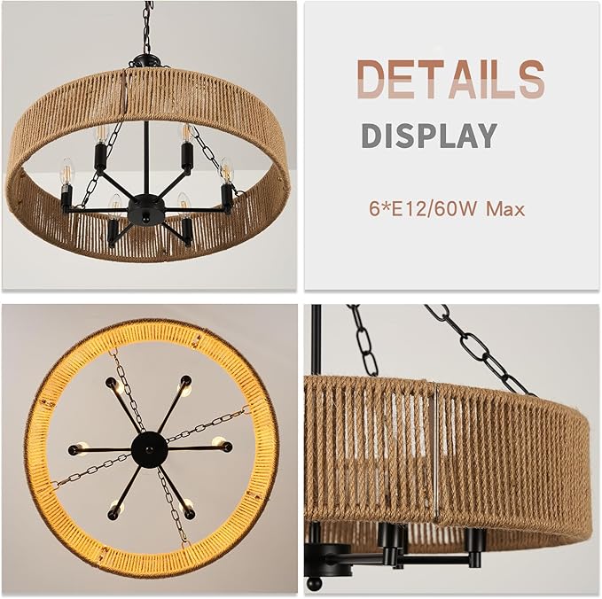 Farmhouse Ceiling Chandelier, 24-inch Bohemian Style Natural Rustic Woven Hemp Rope Pendant Light Round Black Suspension Fixture Suitable for Living Room, Bedroom, Dining Room, Kitchen