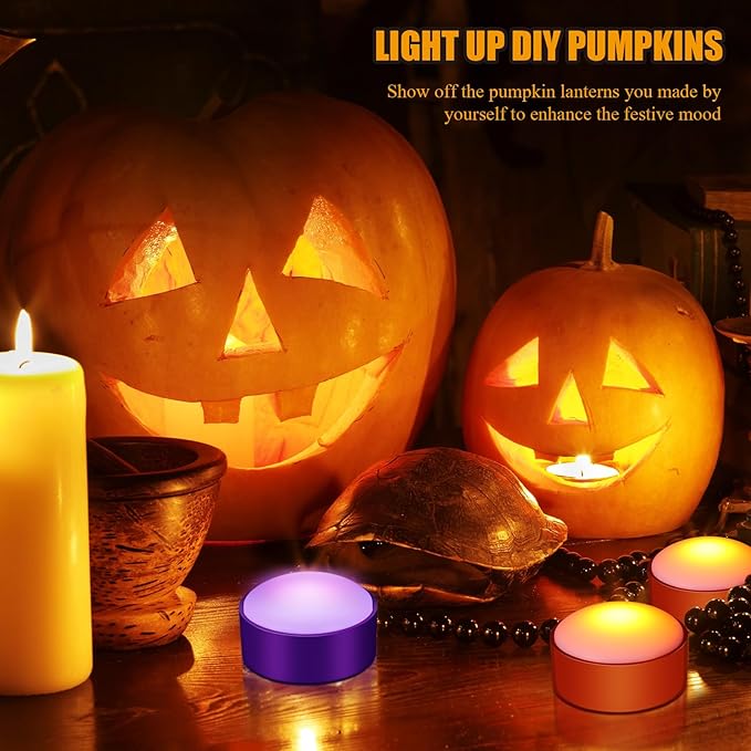 Riakrum 6 Pieces Remote Timer LED Lights with Remote LED Pumpkin Lights Battery Operated Lantern Bright Flameless Candle(Orange, Purple)