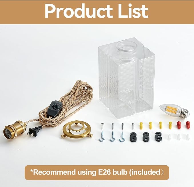 Hanging Lamp Plug in Golden Adjustable Light Cord Plug in Pendant Lights 6.5 Inch Glass Lampshade Hanging Pendant Light Hanging Light Fixture with Plug in Cord for Dining Room with Light Bulb