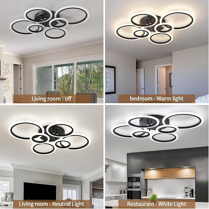 6 Rings Black Modern LED Ceiling Light Fixture, Flush Mount Ceiling Light with Remote Dimmable Brightness, Adjustable 3000-6000K Color Temperature, Timer for Living Room, Bedroom