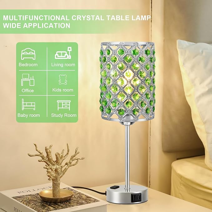 Hong-in Green Lamps for Night Stands-Crystal Table Lamp with USB-C+A & AC Charging Ports, 3-Way Dimmable Nightstand Touch Lamp, Bedside Desk lamp for Bedroom Living Room Home Office