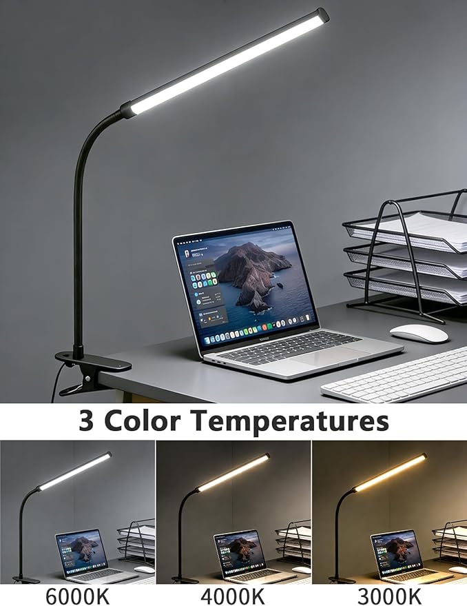 2 Pack LED Clip on Reading Light, 360 Flexible Gooseneck Dimmable Desk Lamp with Clamp, Eye-Caring Bedside Lamp for Bedroom Office Home Study, Computer Monitor Light Bar