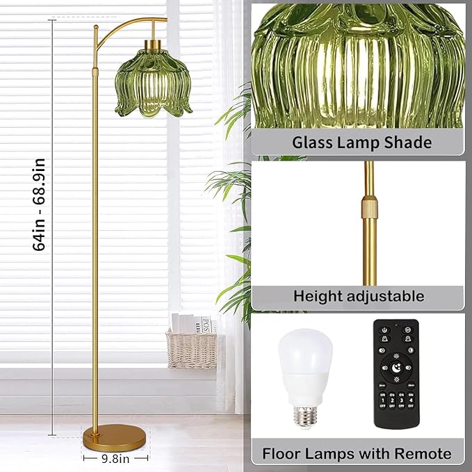 Green Floor Lamp for Living Room,Bedroom,Gold Dimmable Standing Lamp with Remote,Mid Century Modern Brass Tall Lamp Boho Floor Lamps Arc Vintage Glass Flower Floor Light Lamp Girls Bohemian