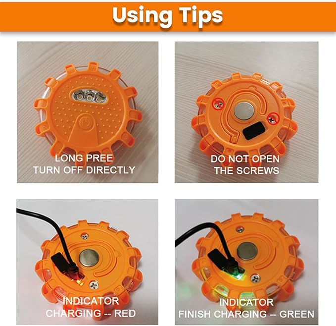 USB-C Rechargeable LED Road Flares Emergency Lights-Large Capacity (Lithium Battery) 3 in 1 Cable Roadside Warning Car Safety Beacon Flashing Disc Flare Kit with Magnetic Base for Vehicles