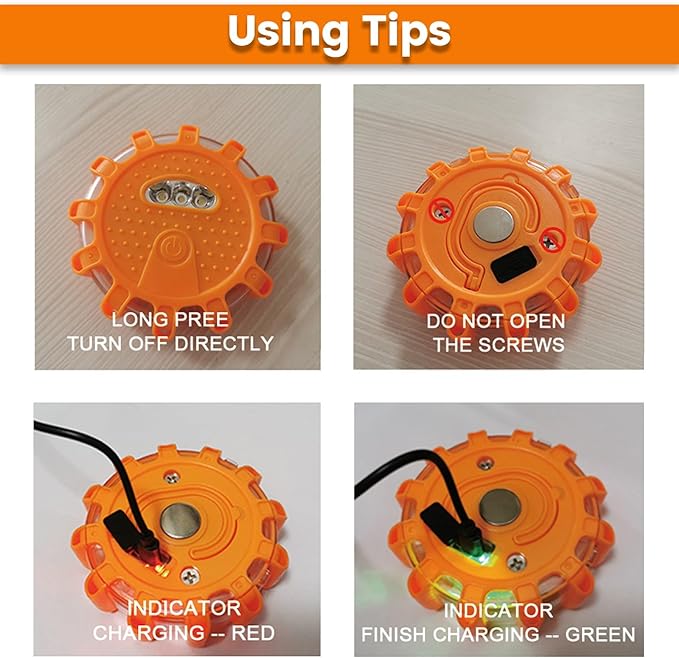 USB-C Rechargeable LED Road Flares Emergency Lights-Large Capacity (Lithium Battery) 3 in 1 Cable Roadside Warning Car Safety Beacon Flashing Disc Flare Kit with Magnetic Base for Vehicles