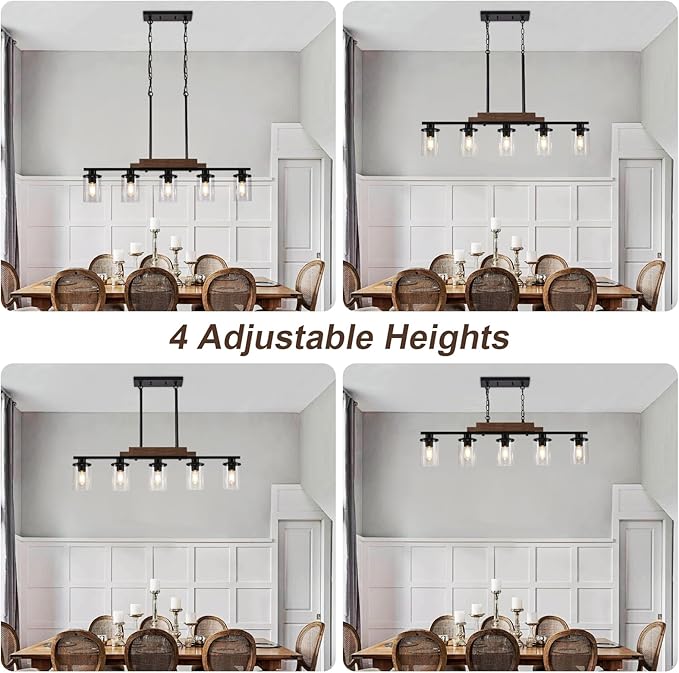 5-Light Dining Room Light Fixture Over Table, Farmhouse Kitchen Island Lighting, Linear Chandelier with Clear Glass Shades, Modern Rustic Wood Chandelier with Adjustable Height
