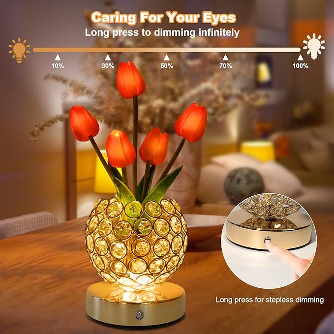 Tulip Crystal Flower Lamp Touch Lamp,Rechargeable Cordless Table Lamp, 3-Colour Infinitely Dimming Battery Powered Small Night Light,Gift for Mom for Valentine Day,Mothers Day,Xmas,Birthday (Red)