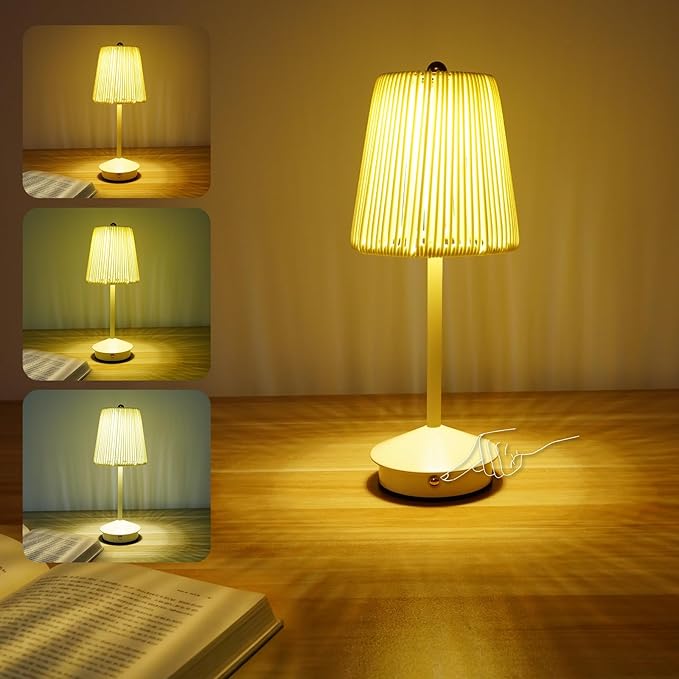 Boho Rattan Table Lamp, Cordless Wicker Woven Vintage Table Lamp - LED Rechargeable Touch Control 3 Color Dimmable Reading Bedside Lamp for Bedroom Living Room Office, Home Outdoor Decor (White-3)