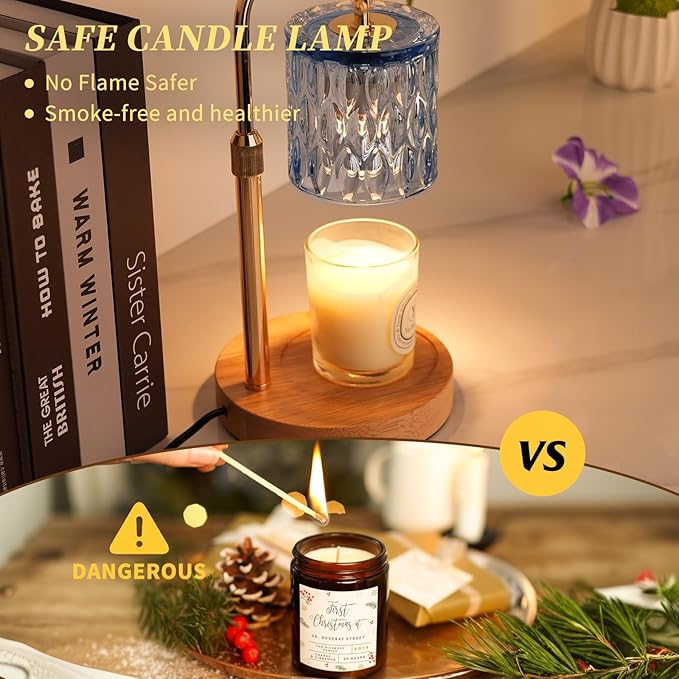 Candle Warmer Lamp with Timer and Dimmer, Height and Brightness Adjustable,Glass Electric Wax Warmer with 2 Bulbs for Women Mom Gifts, Home Decor for Scented Jar Candles (Blue)