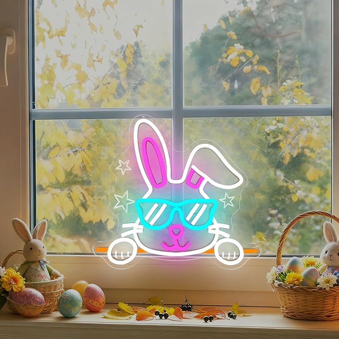Bunny Neon Sign Happy Easter Neon Light for Home Dimmable Easter Decorations Neon Wall Art Glasses Rabbits LED light Sign for Bar Office Shop Bunny Window Lights Glow in The Dark Bunny