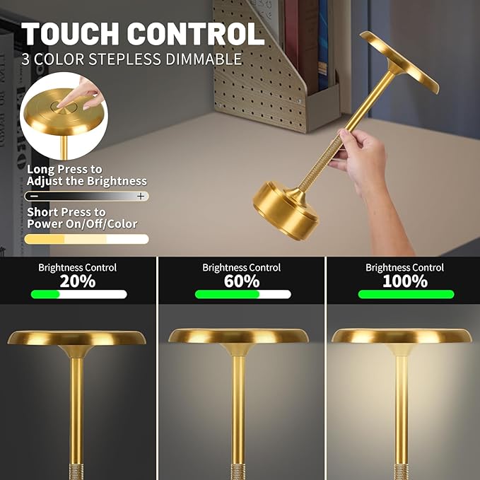 5200mAh Rechargeable Cordless LED Table Lamps Touch Sensor Light, 3-Levels Portable Dimming Wireless Battery Operated Lamp,Night Light/Restaurant Table/Outdoor/Coffee/Bar (Gold Set of 2)