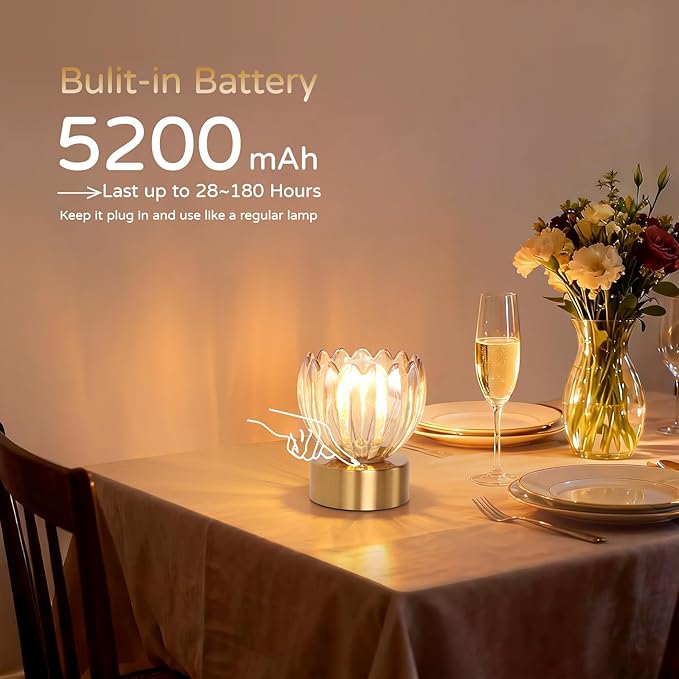 Cordless Small Table Lamp with 5200mAh Battery & Touch Control, Battery Operated Tulip Table Lamp with 3 Colors, Rechargeable Mini Table Lamps for Bedsides, Bedroom, Nightstand (Amber)