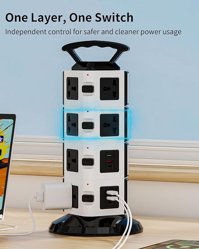 Power Strip Tower with 14 Outlets, 4 USB-A & 2 USB-C Ports, 1875W/15A Heavy Duty Charging Station for Multiple Devices, Plug Tower with 6ft Extension Cord, for Home, Office, Dorm
