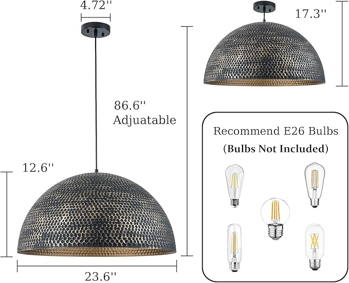 23.6 in. Black and Gold Hammered Pendant Light Fixtures, Industrial Metal Dome Shade, Pendant Lights Kitchen Island, Pendant Light for Kitchen Island and Dining Room