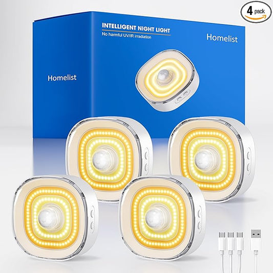 Homelist 4 Pack Small Rechargeable Motion Sensor Light, COB Light Source Puck Lights Rechargeable, 100LM Motion Sensor Night Light for Bedroom Bedside, Cabinets, Kitchen Counter, Hallway, Stairs