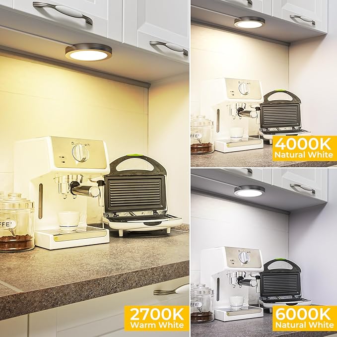 4 Pack Puck Lights 5V Single USB Powered,3 Color Temperature Adjustable & Dimmable Under Cabinet Light,3D Printer LED Lamp Kit for Cabinet,Wardrobe,Showcase